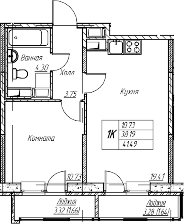 1-комнатная квартира 41.49 м², 16/22 эт., ЖК «Парк-квартал Юнтолово»